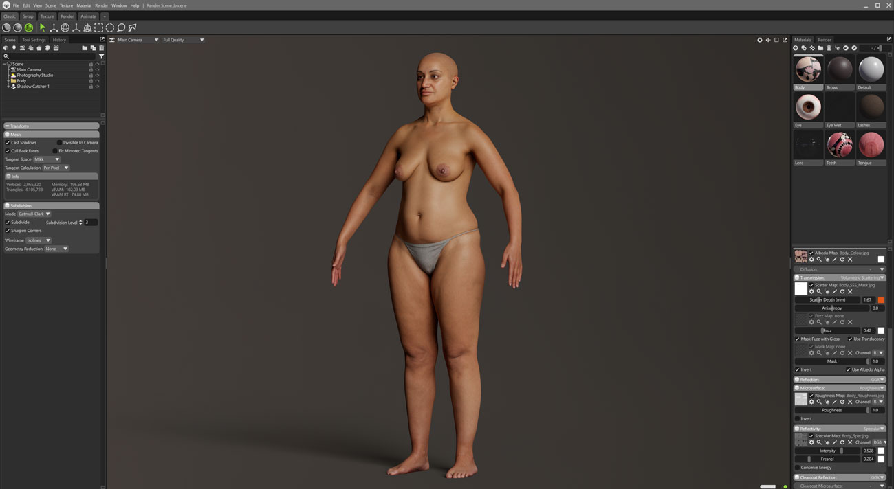 Marmoset Toolbag real-time scene render of a female 3D body scan with PBR lighting and shading